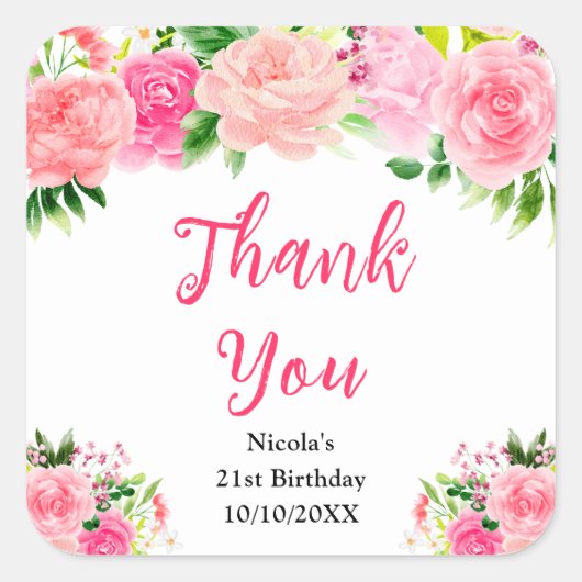 Pink Roses with Foliage Birthday Thank You Quadratischer Aufkleber (Vorderseite)