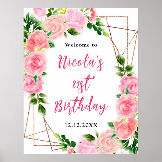 Pink Roses with Foliage Birthday Welcome Poster (Vorne)