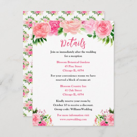 Pink Roses with Foliage Wedding Details Begleitkarte (Vorne/Hinten)