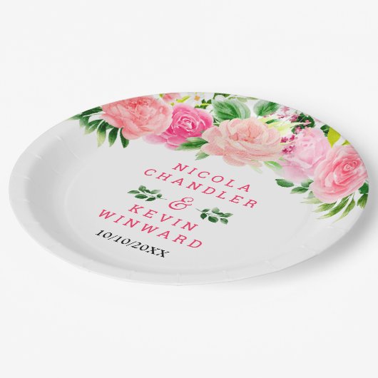 Pink Roses with Foliage Wedding Pappteller (Schrägansicht)