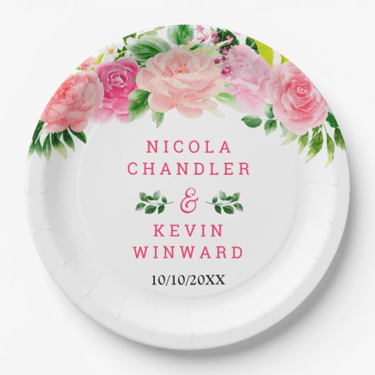 Pink Roses with Foliage Wedding Pappteller (Vorderseite)