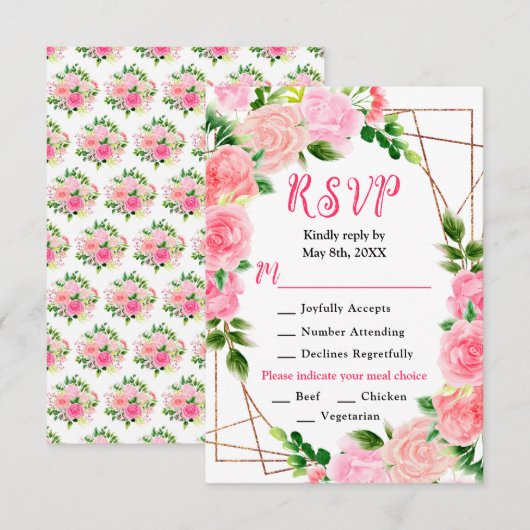 Pink Roses with Foliage Wedding RSVP Karte (Vorne/Hinten)