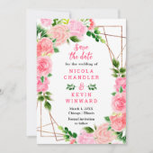Pink Roses with Foliage Wedding Save The Date (Vorderseite)