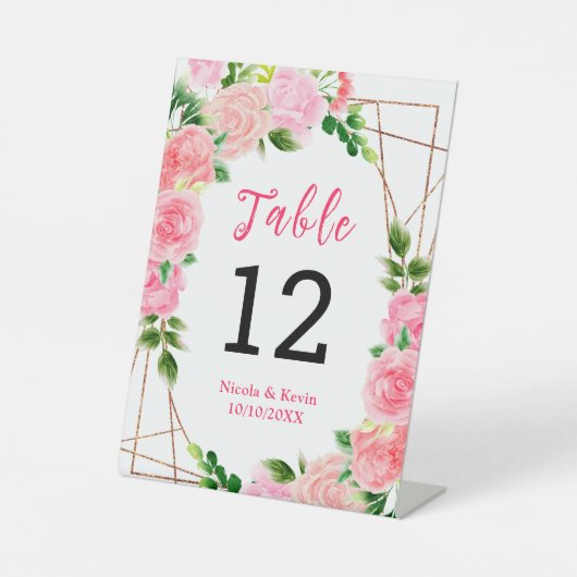 Pink Roses with Foliage Wedding Table Number Sockelschild (Vorderseite)
