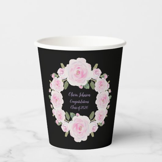 Pink Roses Wreath Name Paper Cup Graduation Pappbecher (Vorderseite)