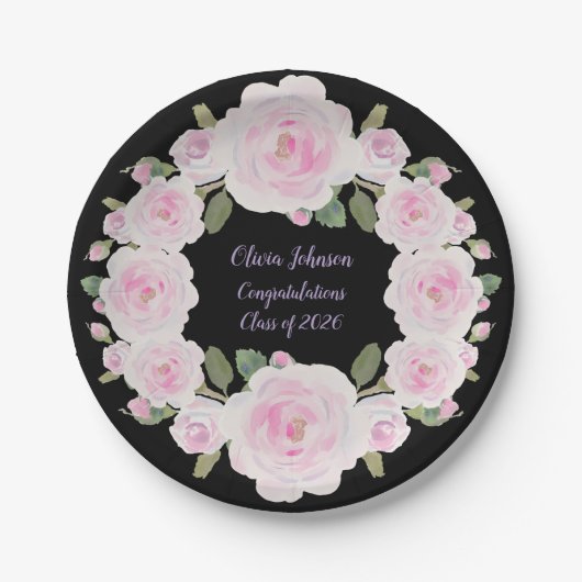 Pink Roses Wreath Name Paper Plate Baby Shower Pappteller (Vorderseite)