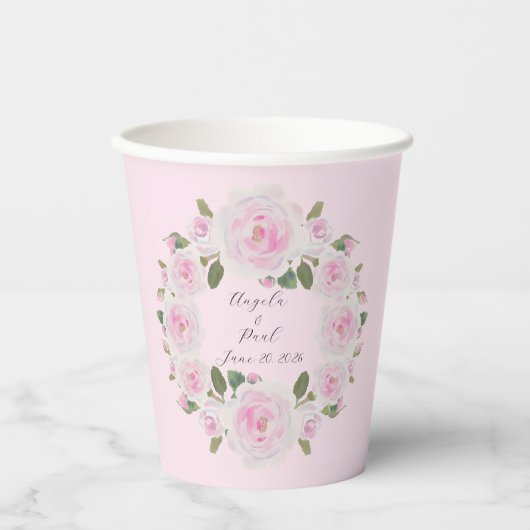 Pink Roses Wreath Name Text Paper Cups Wedding Pappbecher (Vorderseite)