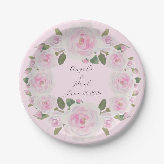 Pink Roses Wreath Name Text Paper Plate Wedding Pappteller (Vorderseite)