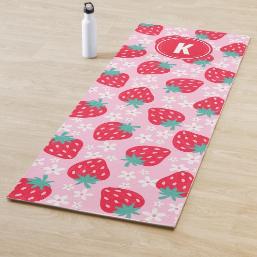 Pink-Rote-Erdbeeren-Blumenmuster-Monogramm Yogamatte (Beispiel)