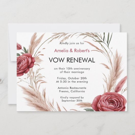 Pink Rote Rose Boho Pampas Vow Renewal Einladung (Vorderseite)