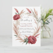 Pink Rote Rose Pampas Boho Hochzeitseinladung Einladung (Stehend Vorderseite)