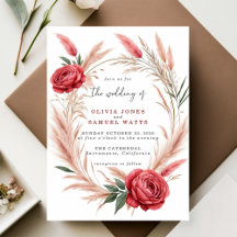 Pink Rote Rose Pampas Boho Hochzeitseinladung