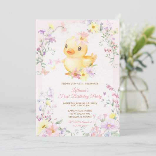 Pink RUBBER DUCK GIRL Erster Geburtstag Einladung (Stehend Vorderseite)