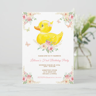 Pink RUBBER DUCK GIRL Erster Geburtstag Einladung