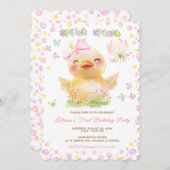 Pink RUBBER DUCK GIRL Erster Geburtstag Einladung (Vorne/Hinten)
