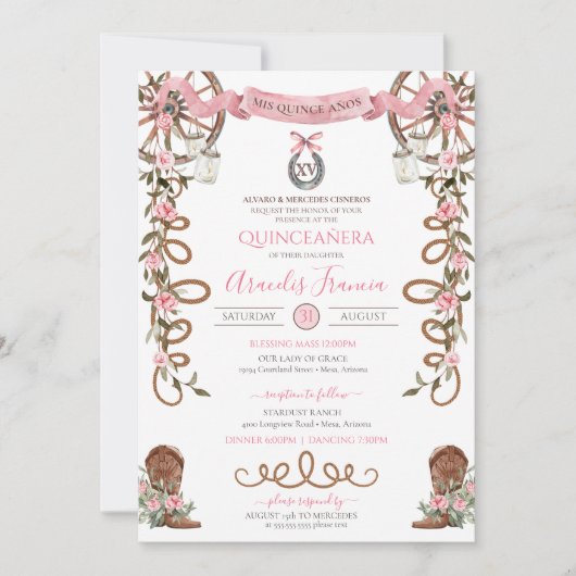 Pink Rustic Boho Western Charra Theme Quinceanera Einladung (Vorderseite)