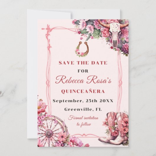 Pink Rustic Boho Western Charra Theme Quinceanera Save The Date (Vorderseite)