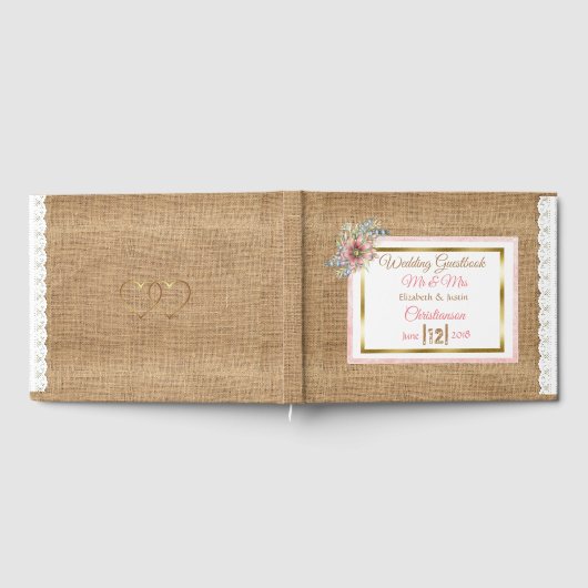 PInk Rustic Burlap Floral Wedding Book Gästebuch (Voll)