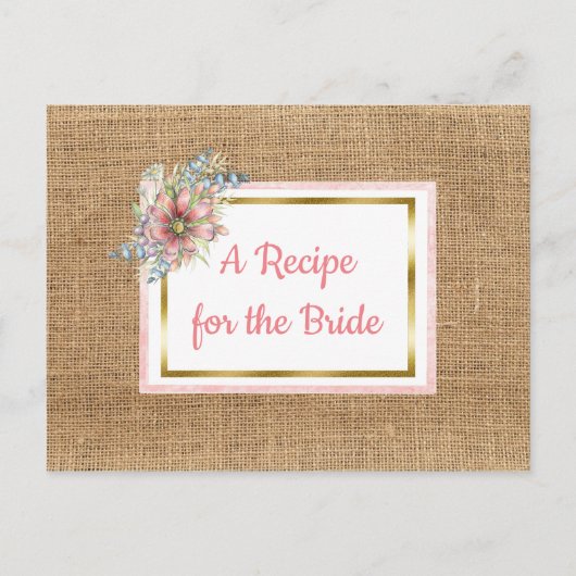 PInk Rustic Burlap Floral Wedding Rezept Card Postkarte (Vorderseite)