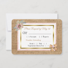 PInk Rustic Burlap Floral Wedding RSVP Karte