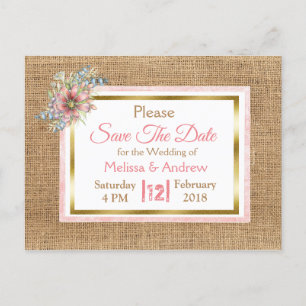 PInk Rustic Burlap Floral Wedding Save the Date Ankündigungspostkarte