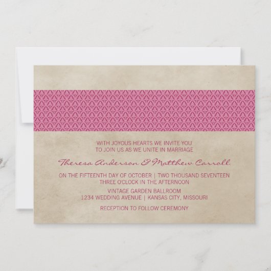 Pink Rustic Damask Wedite Einladung (Vorderseite)