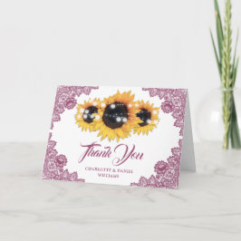 Pink Rustic Floral Lace Sunflower Wedding Dankeskarte
