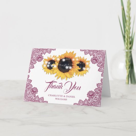 Pink Rustic Floral Lace Sunflower Wedding Dankeskarte (Vorderseite)