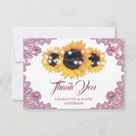 Pink Rustic Floral Lace Sunflower Wedding Dankeskarte