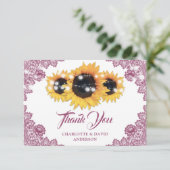 Pink Rustic Floral Lace Sunflower Wedding Dankeskarte (Stehend Vorderseite)