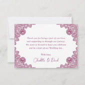 Pink Rustic Floral Lace Sunflower Wedding Dankeskarte (Rückseite)