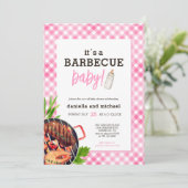 Pink Rustic Gingham Barbecue Baby Shower Einladung (Stehend Vorderseite)