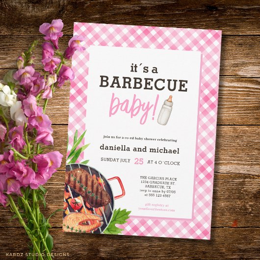 Pink Rustic Gingham Barbecue Baby Shower Einladung