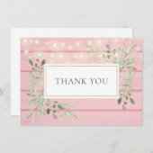 Pink Rustic Holz Grüne String Lights Vielen Dank Dankeskarte (Vorne/Hinten)