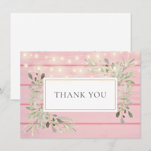 Pink Rustic Holz Grüne String Lights Vielen Dank Dankeskarte (Vorne/Hinten)