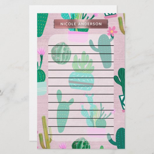 Pink Rustic Southwestern Cacti Cactus Pflanze Briefpapier (Vorne/Hinten)