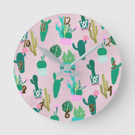 Pink Rustic Southwestern Cacti Cactus Pflanze Runde Wanduhr