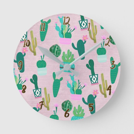 Pink Rustic Southwestern Cacti Cactus Pflanze Runde Wanduhr (Vorderseite)