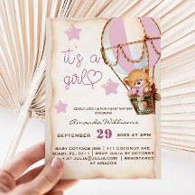 Pink Rustic Teddy Bear Girl Babydusche Einladung