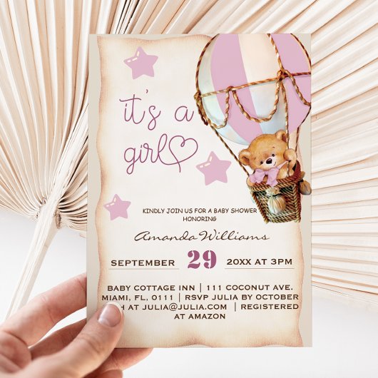 Pink Rustic Teddy Bear Girl Babydusche Einladung
