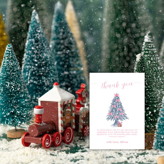 Pink Rustic Winter Bow Christmas Tree Baby Shower  Dankeskarte