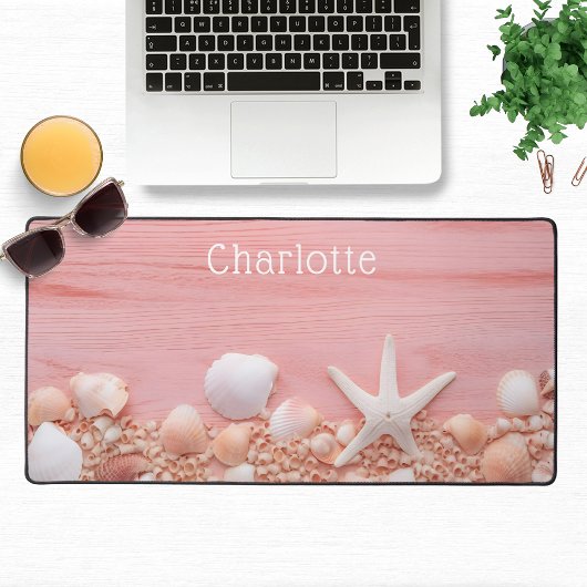 Pink Rustic Wood Beach Seashells Personalisierter Schreibtischunterlage