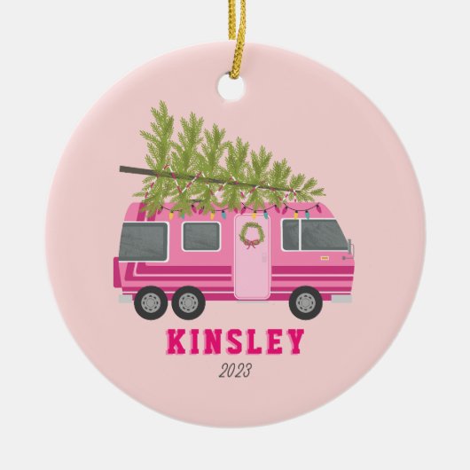 Pink RV Camper Weihnachtsbaum Keramik Ornament (Vorne)