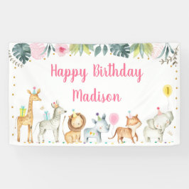 Pink Safari Animal Girl Birthday Banner