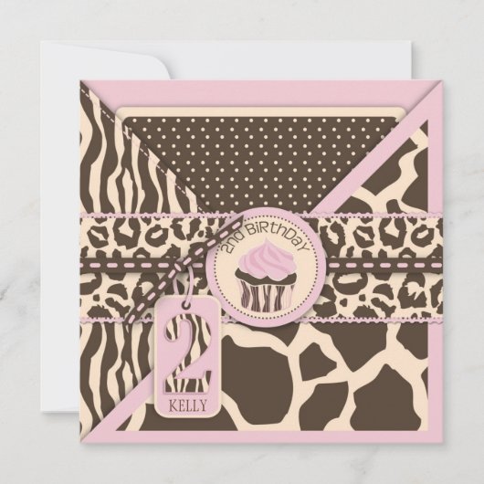 Pink Safari Animal Print & Cupcake Zweites Geburts Einladung (Vorderseite)