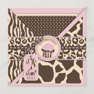 Pink Safari Animal Print & Cupcake Zweites Geburts Einladung