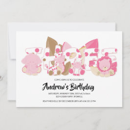 Pink Safari Animals 3. Geburtstag Party Einladung