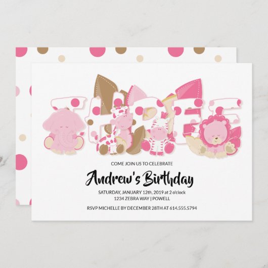 Pink Safari Animals 3. Geburtstag Party Einladung (Vorne/Hinten)