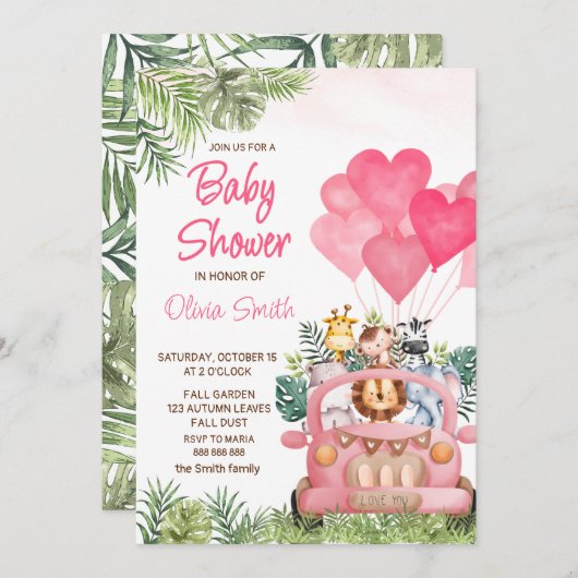 Pink Safari Animals Baby Dusche Einladung (Vorne/Hinten)