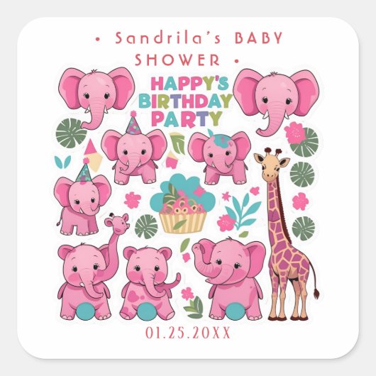 Pink Safari Animals Theme Girl Birthday Party Quadratischer Aufkleber (Vorderseite)